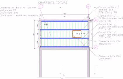 plan pour une construction neuve à Bois Colombe (plan charpente toiture)