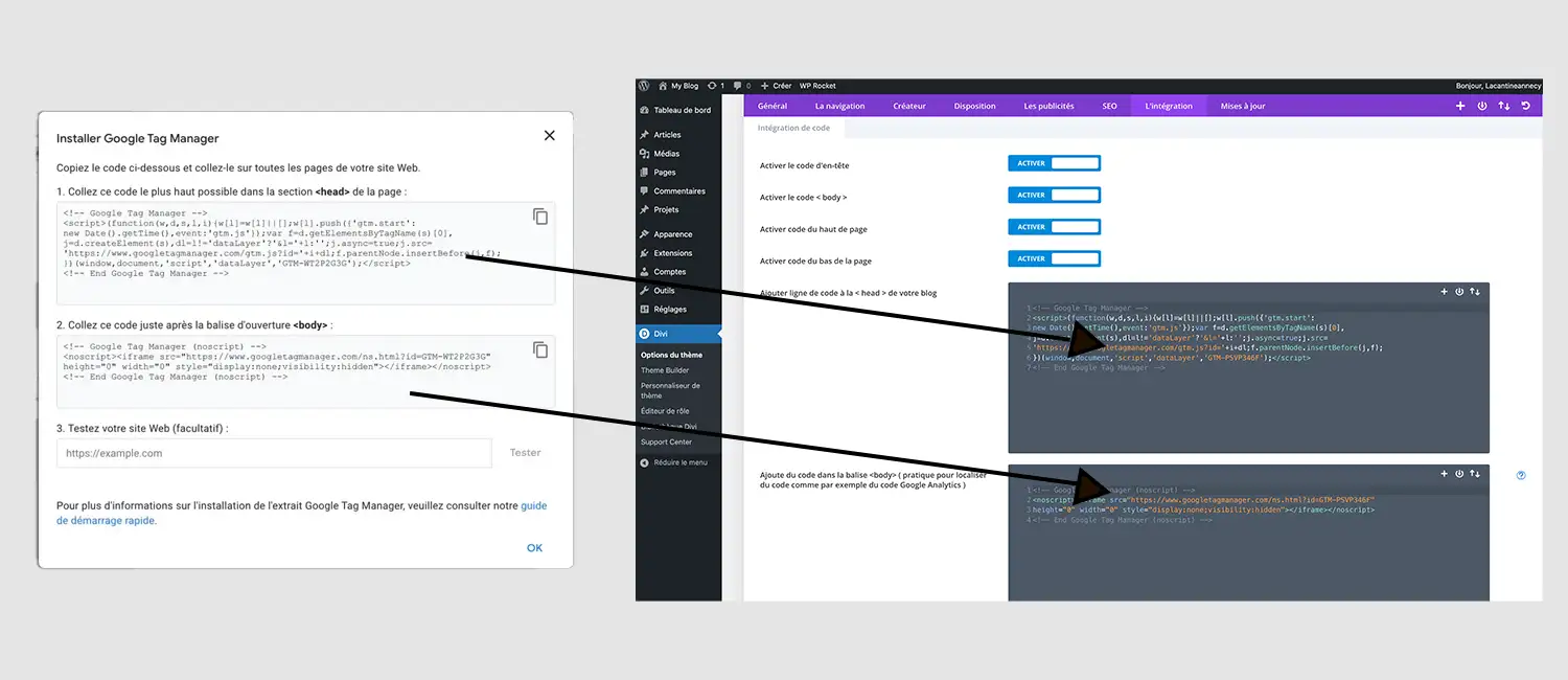 zone integration des codes dans divi