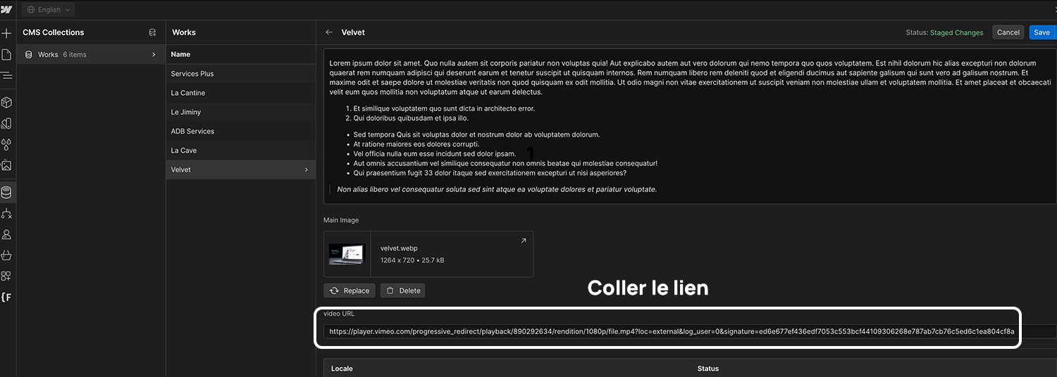 coller le lien dans webflow