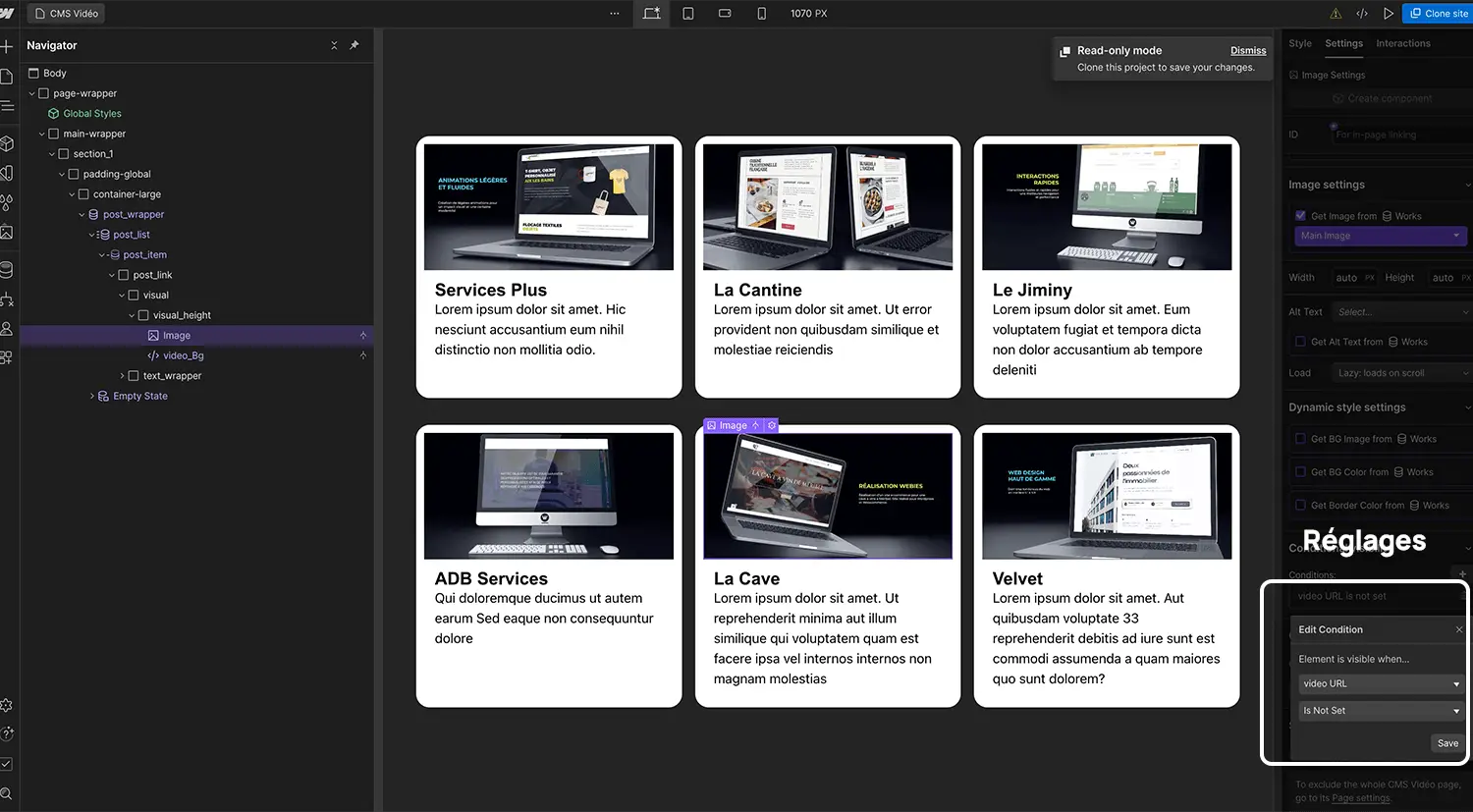 rendu dans le designer webflow