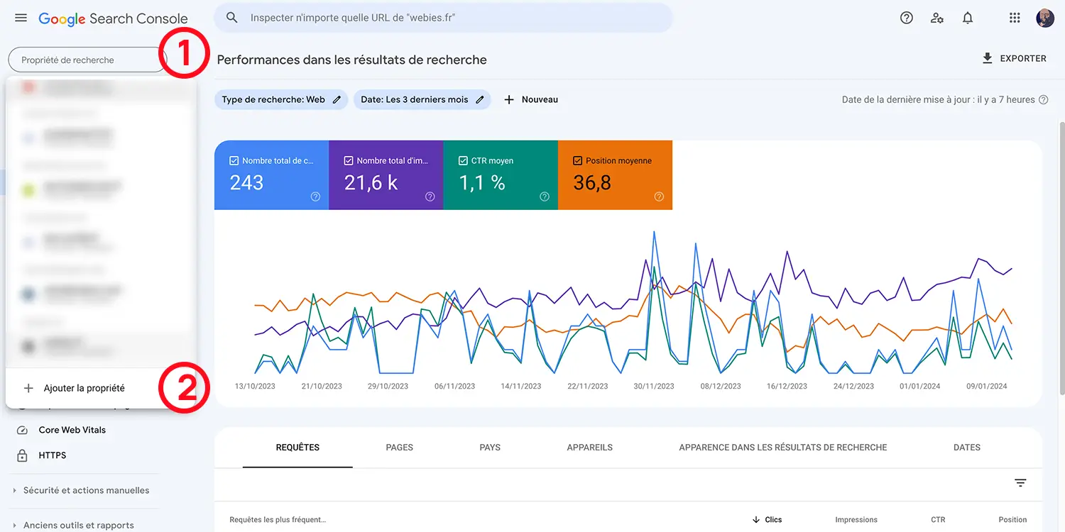 Tableau de bord google search console