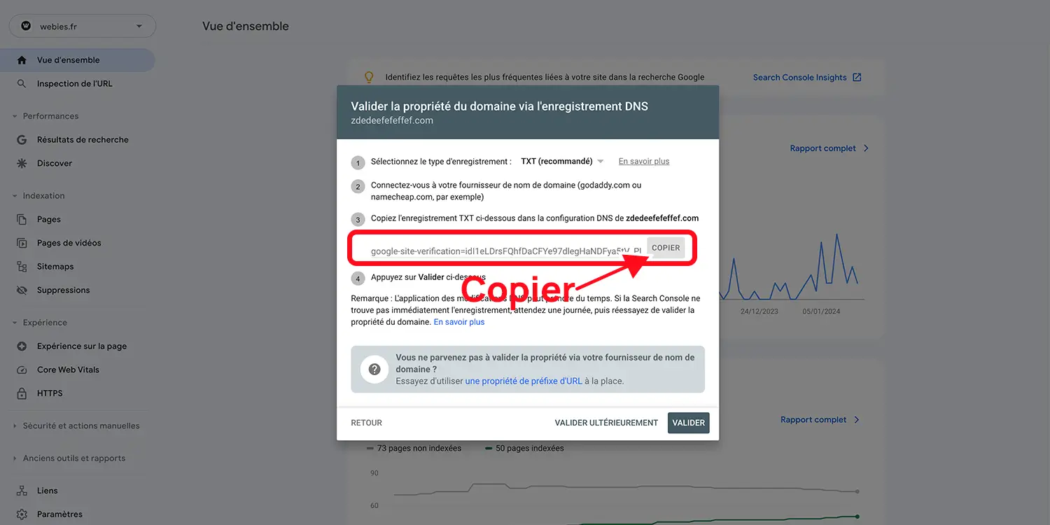 fenêtre de validation du domaine via enregistrement DNS