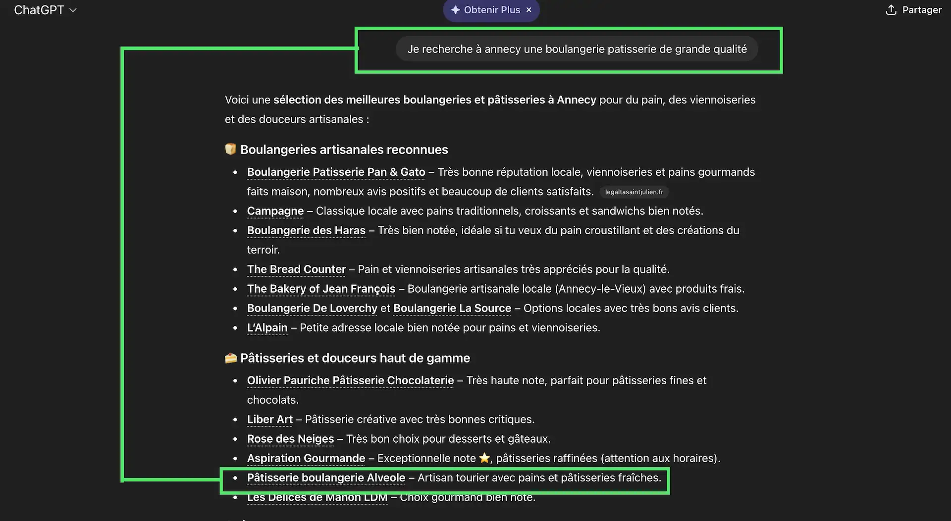 Capture d'écran d'une recherche sur ChatGpt d'une pâtisserie à Annecy