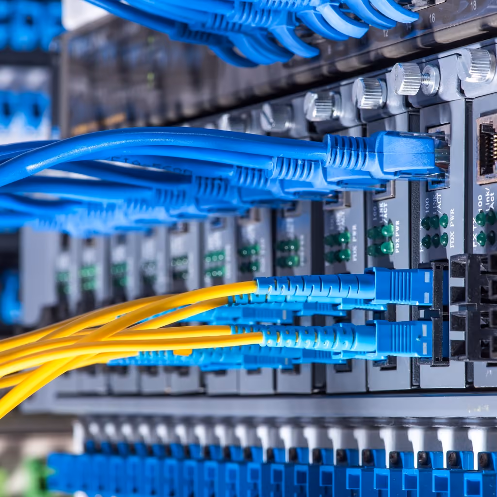 Fibre-optic and UTP network cables in a wiring closet
