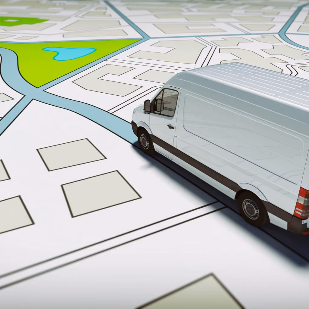 Van on a city street map illustrating the concept of gps tracking.