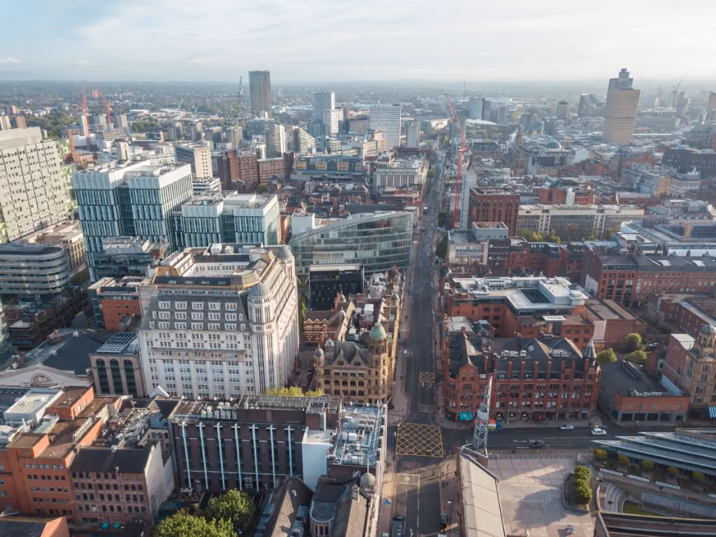Aerial view of Manchester City Centre taken from a drone
