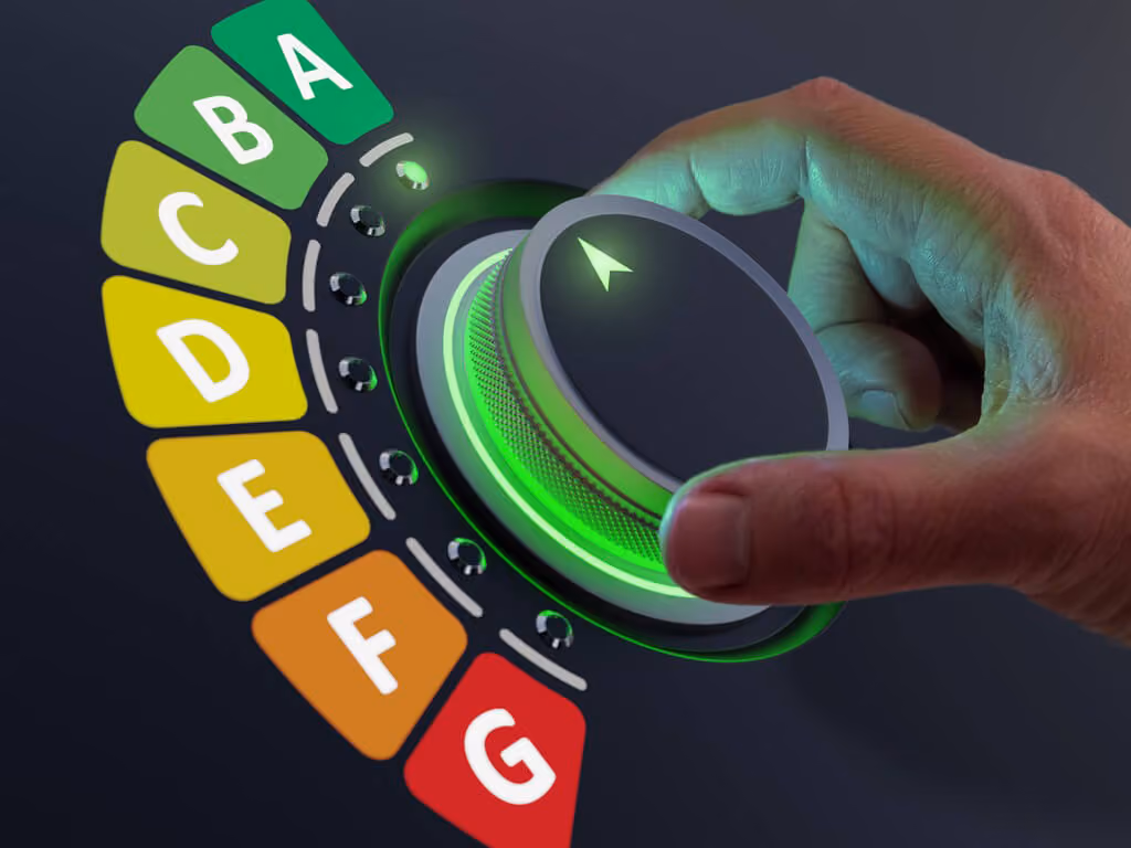 Energy efficiency concept. A person turns the dial to the most efficient energy rating.