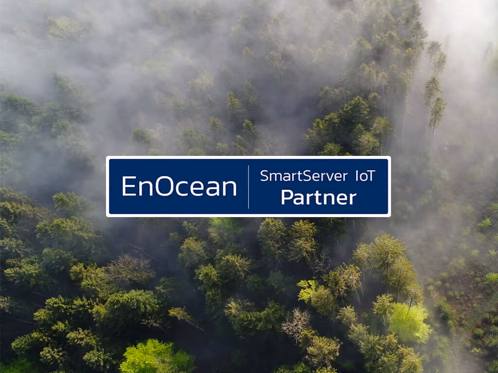 Aerial view of a forest in mist with EnOcean partner logo overlayed in the centre of the image.