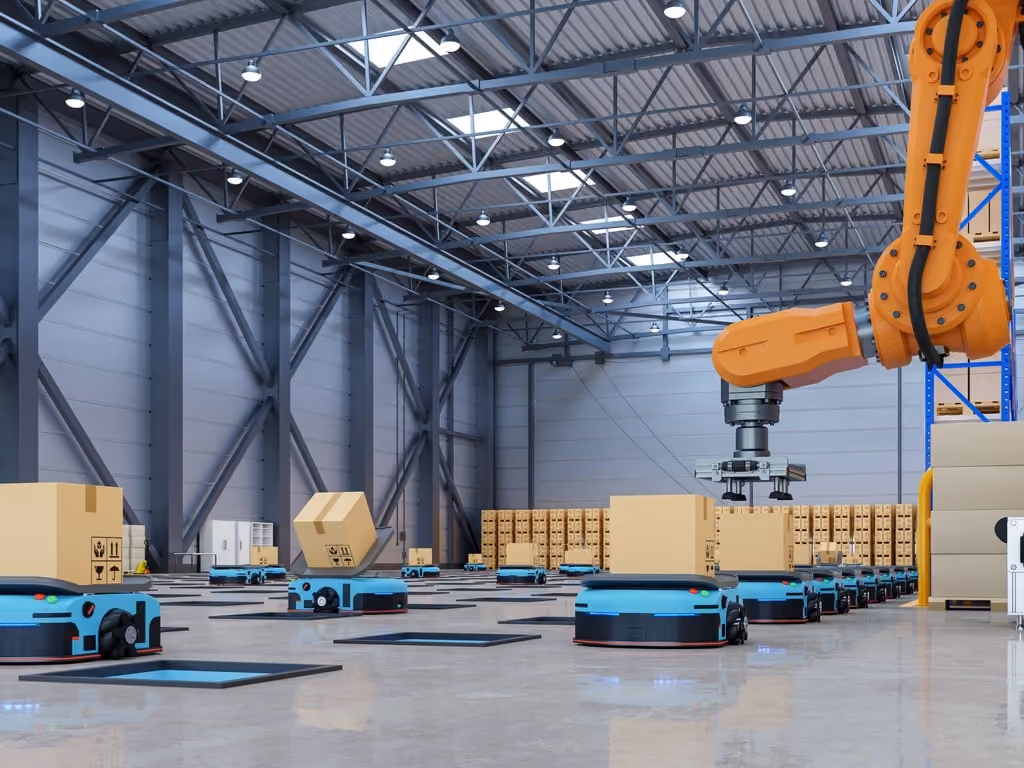 rendedering of robotic arm working with automated robots in logistics