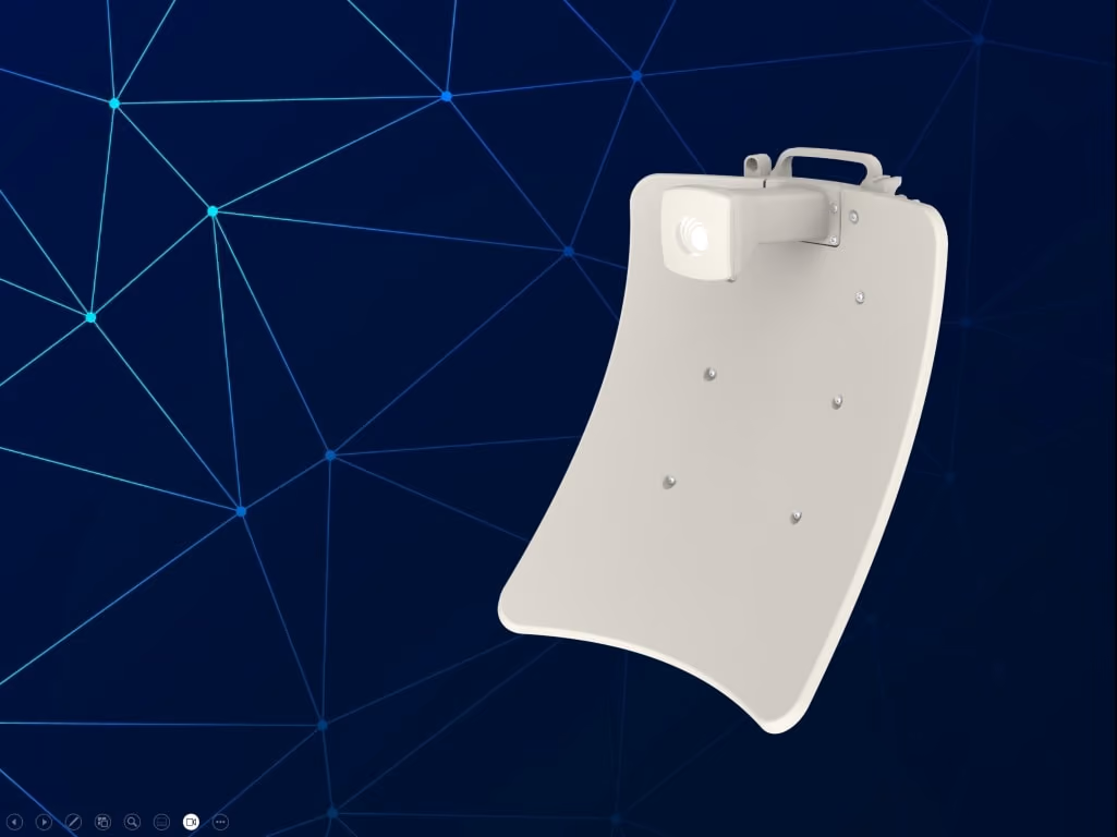 Abstract network background with a rendering of a Cambium Networks cnWave unit