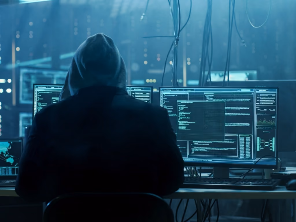 dangerous hooded hacker breaks into a server