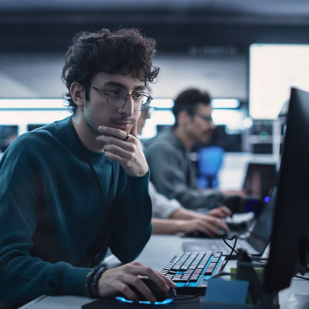 Picture of a thoughtful IT worker working at a desktop in an operations centre 