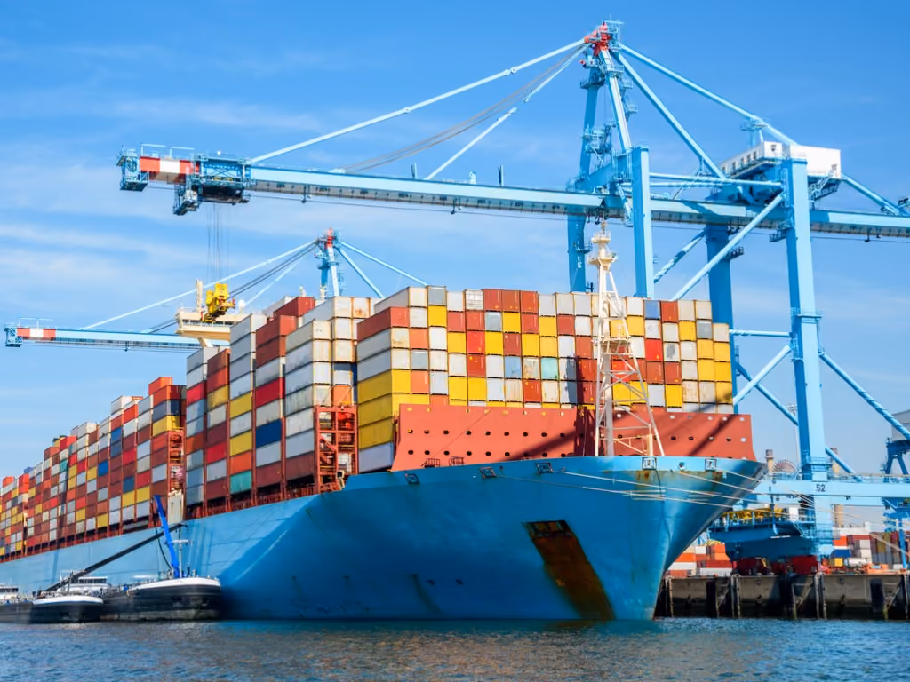 large container ship in port on a clear summer day