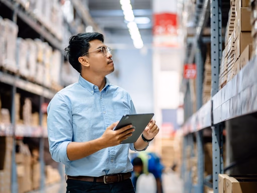 Manager using a tablet connected over Wi-Fi in a racked warehouse aisle