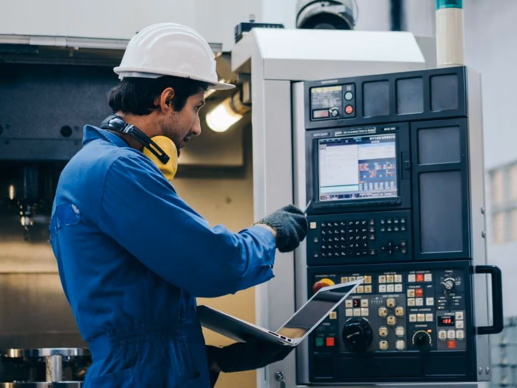 male factory worker using a laptop to programme a machine