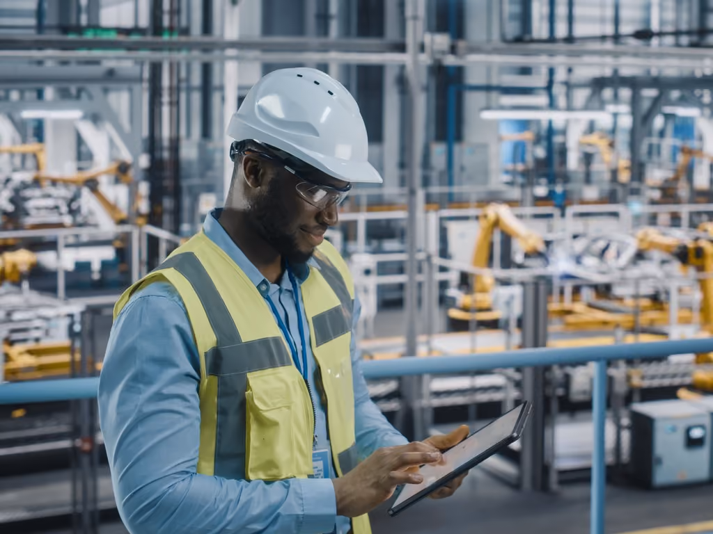 Factory worker using a tablet wih robos in the background