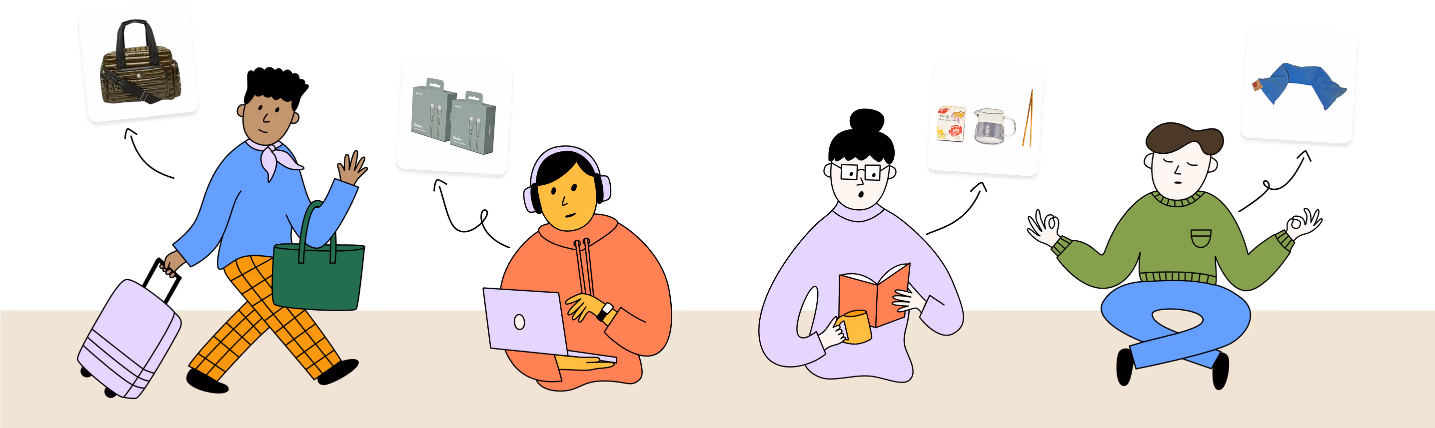 Illustrations of 4 people or varying race and sex with a selection of gift thumbnails including a tote, charging cables, tea set, and neck wrap.