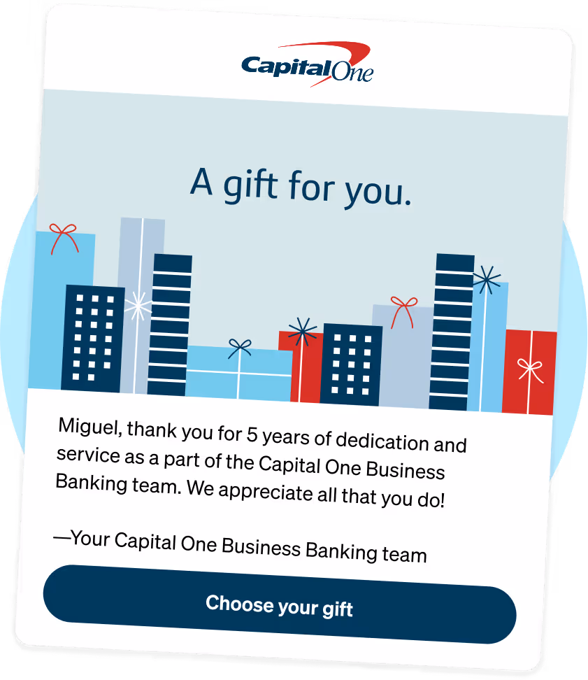 Capital One gift email for employee's 5 year anniversary