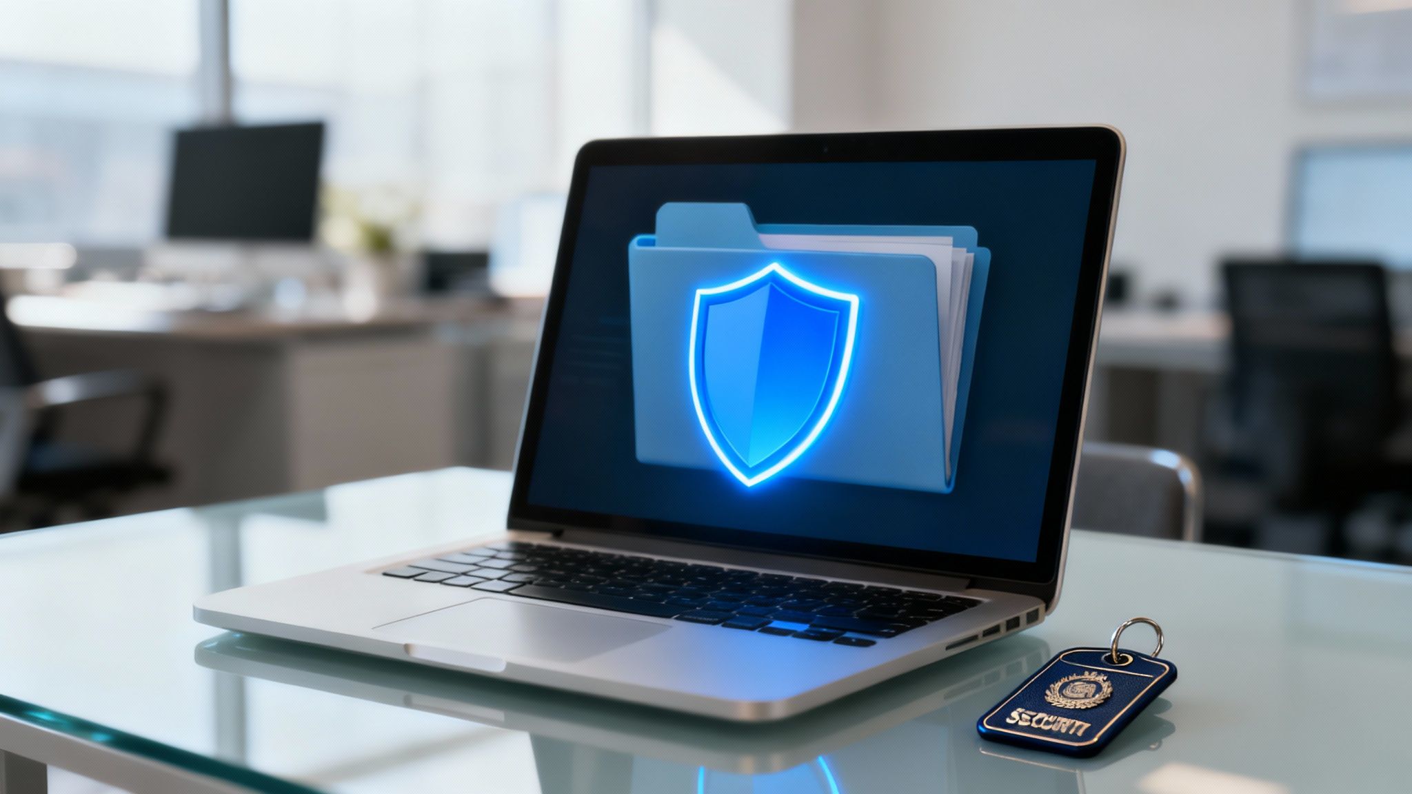 A digital shield icon surrounded by smaller icons representing threat detection, data encryption, and compliance checks, symbolizing enhanced cybersecurity and compliance.