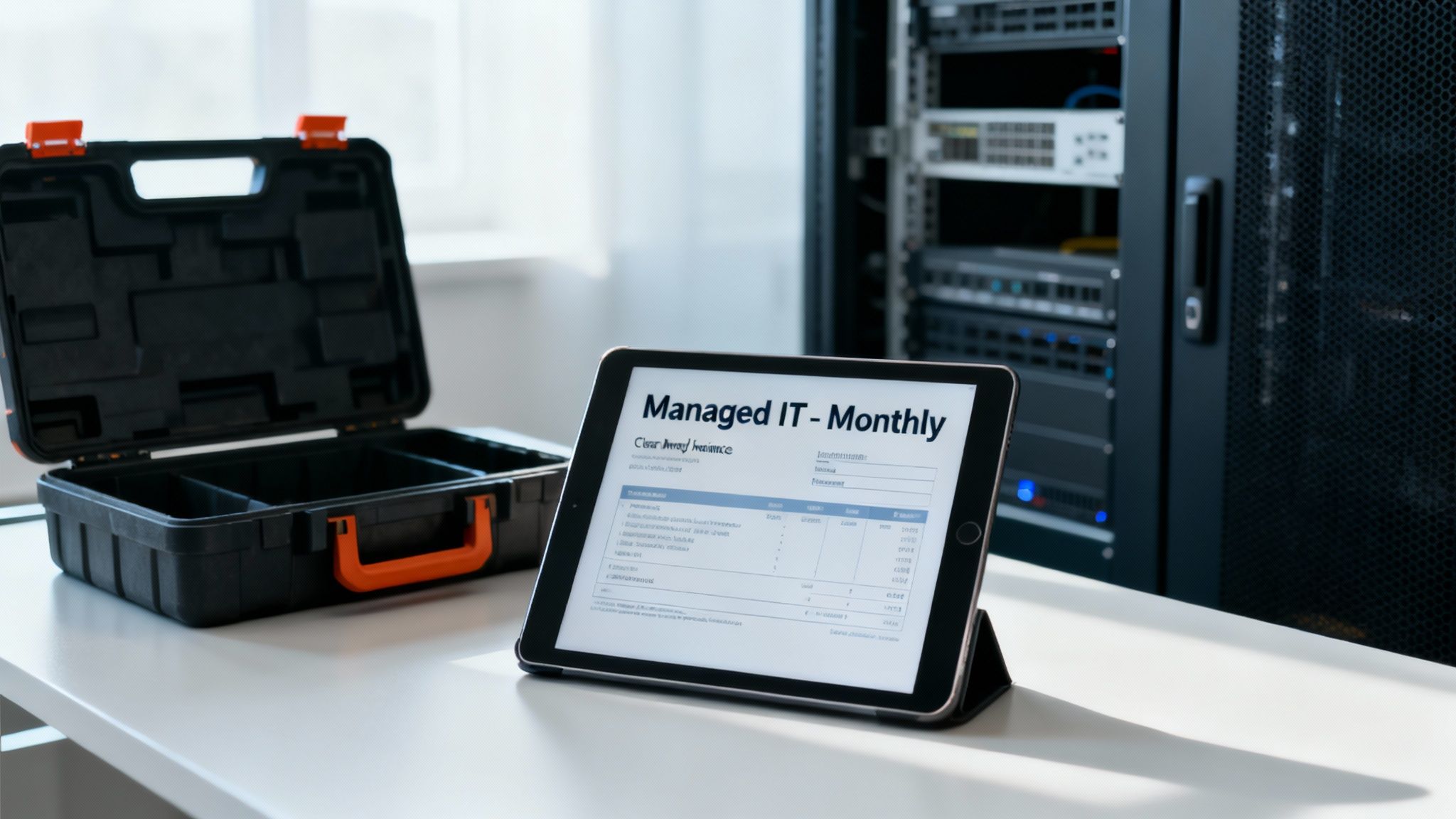 A graph showing a downward trend in IT operational costs, with icons representing savings on hardware, software, and personnel, illustrating the financial benefits of managed IT services.