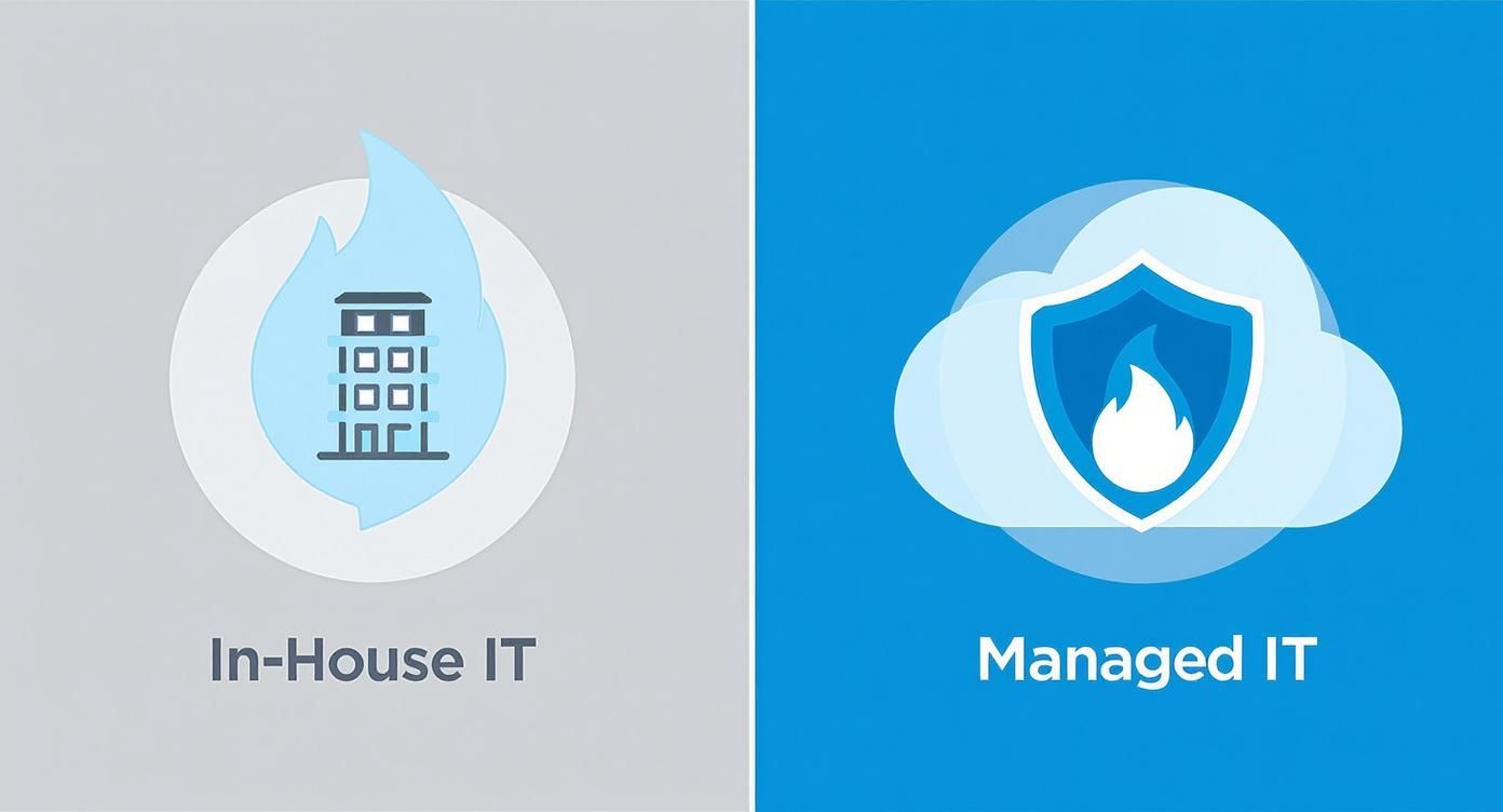 An infographic comparing the reactive nature of in-house IT with the proactive strategy of managed IT services, using fire and shield icons respectively.