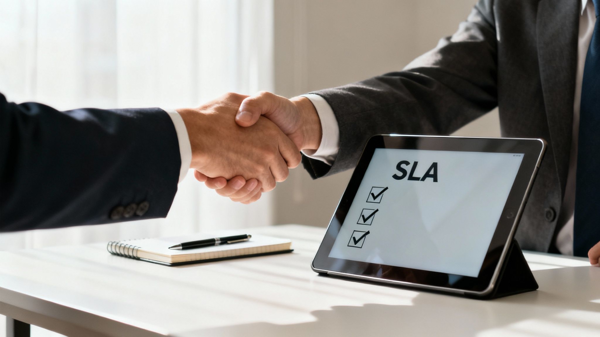A team of professionals collaborating around a table with laptops, indicating a strategic partnership.