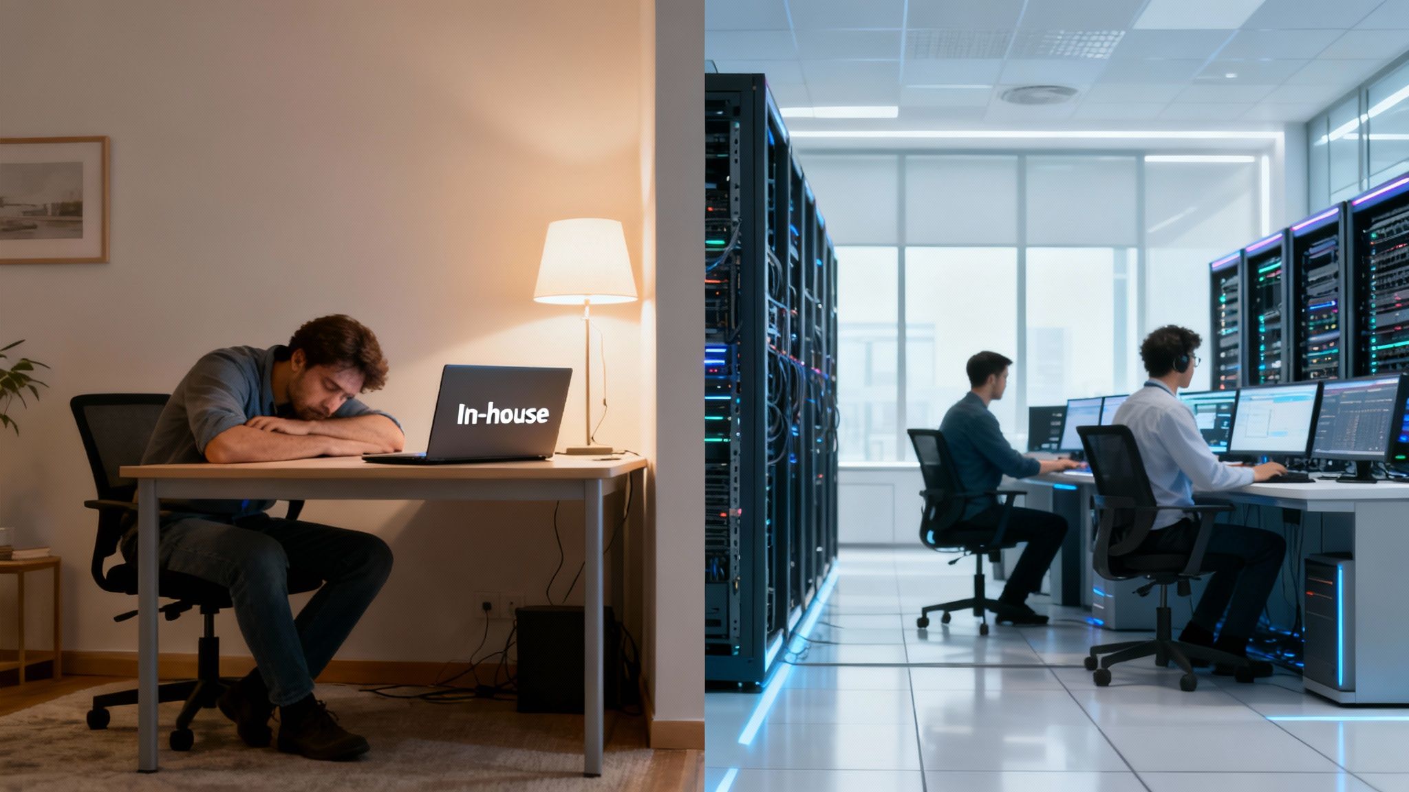 A team of IT professionals collaborating in a modern office, representing a managed IT support services team.
