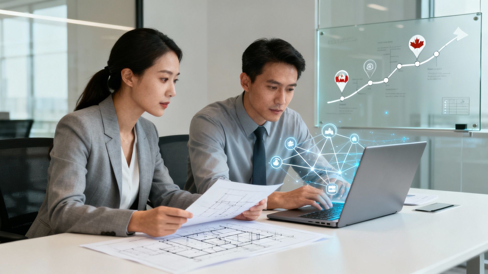 A team of IT professionals collaborating on a strategic plan in a modern office.