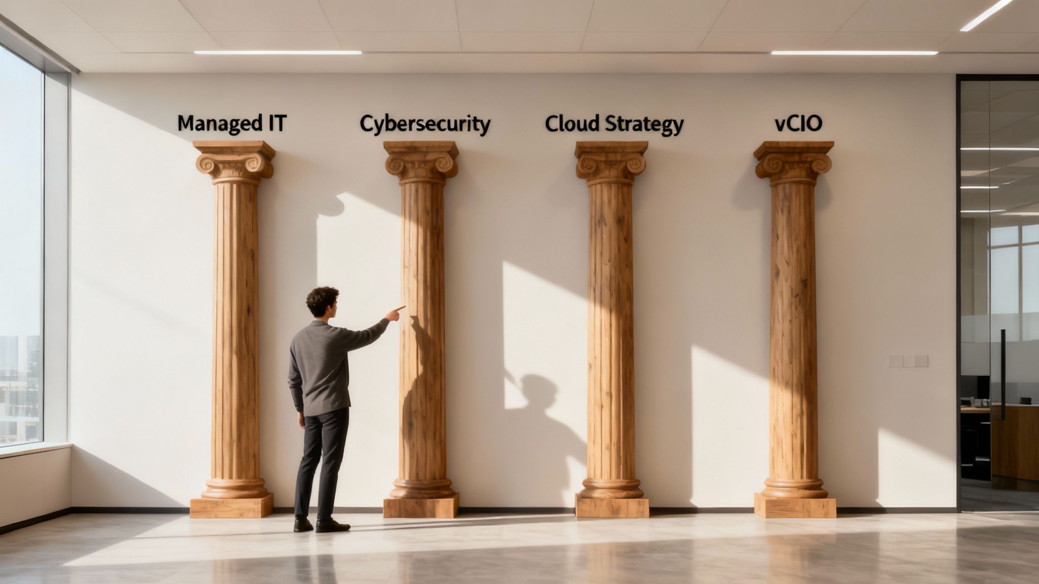 An IT consultant presents a strategic roadmap on a digital whiteboard to a group of business leaders.