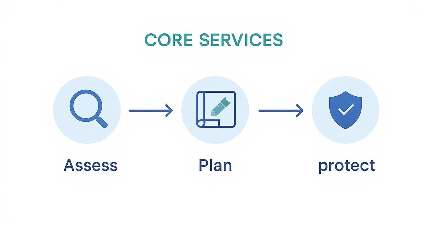Infographic outlining the cyber security consulting process flow with three stages: Assess, Plan, and Protect.