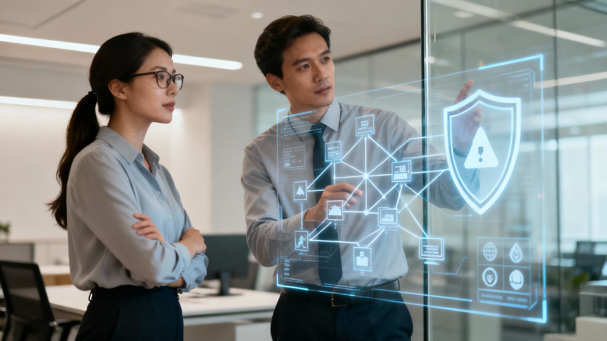 A team of IT professionals collaborating on a cybersecurity strategy in a modern office.