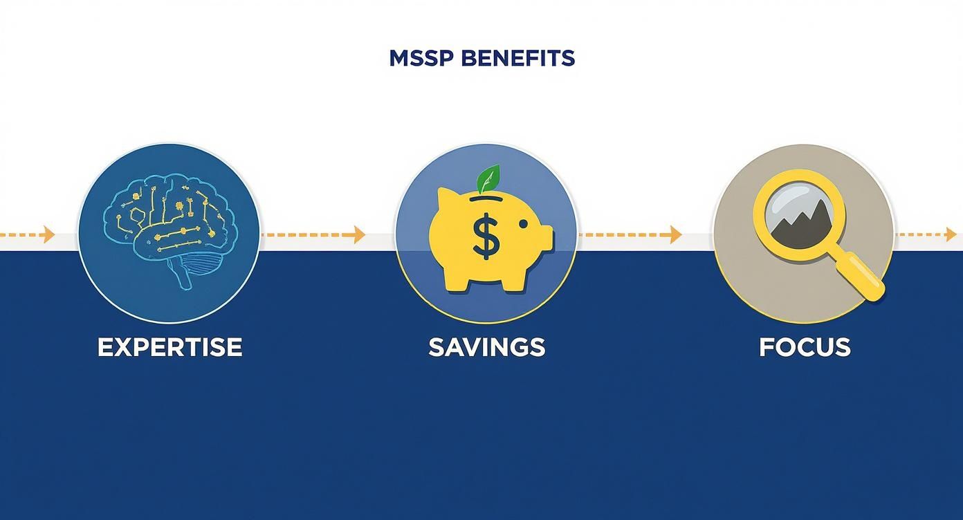 Infographic showing the process flow of MSSP benefits with icons for Expertise, Savings, and Focus.