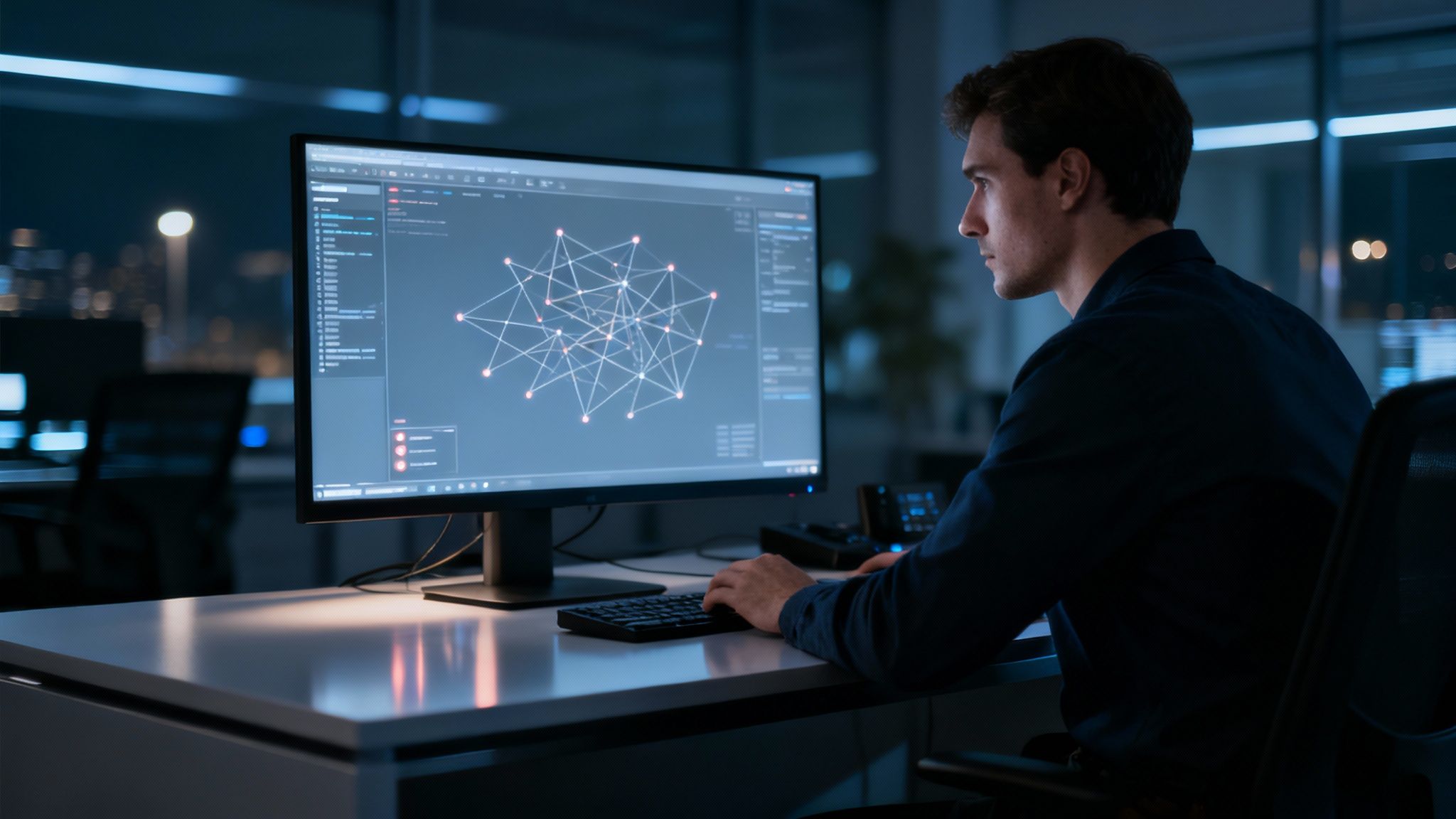 An IT professional analyzing cybersecurity data on multiple screens in a dark room.