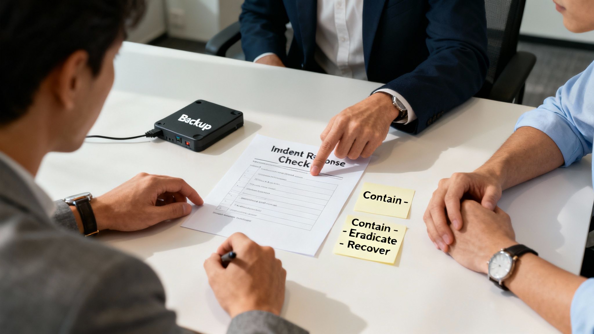 An emergency response team working on laptops in a modern office