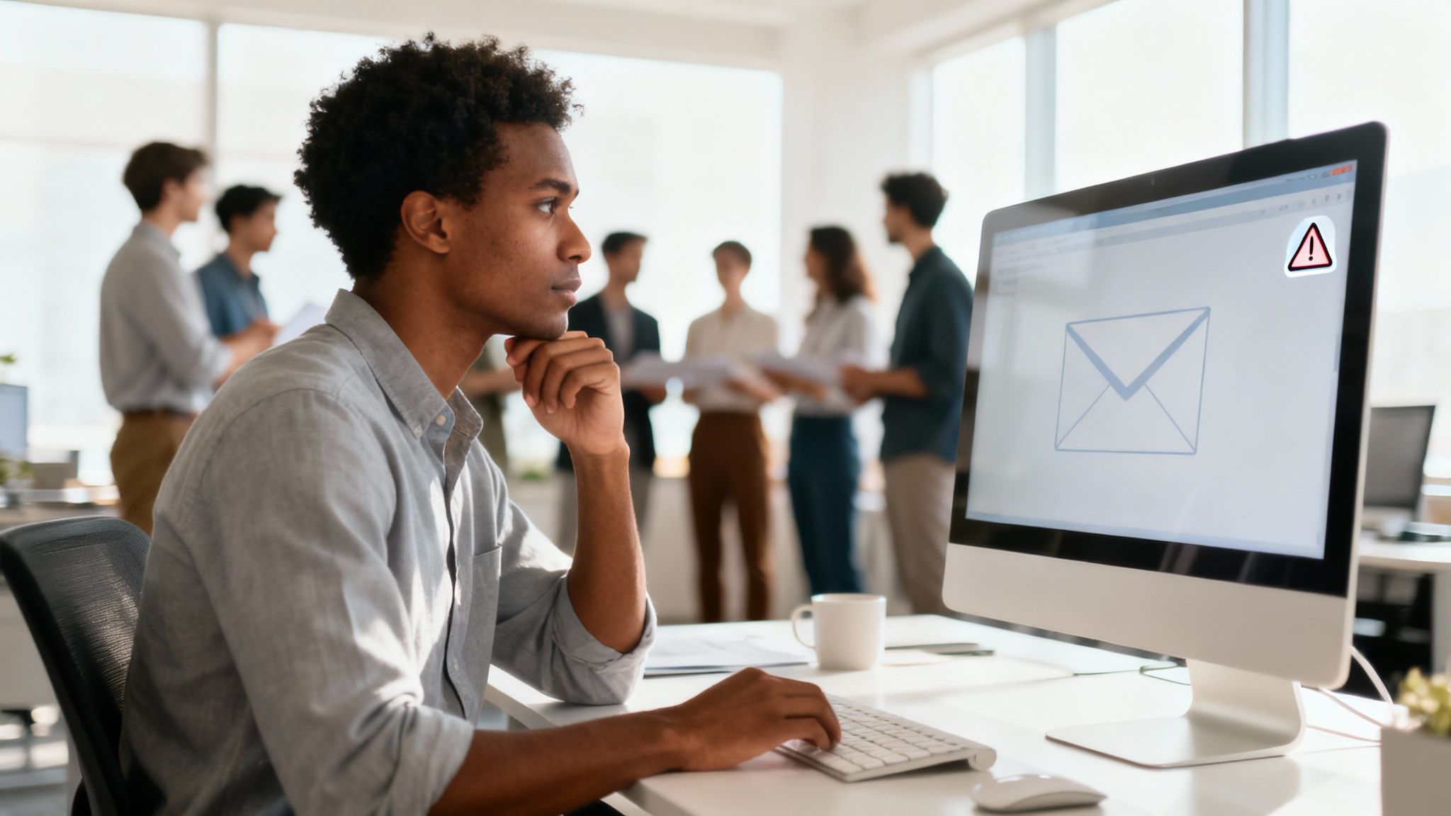 A team collaborating in a modern office, symbolizing a strong human firewall