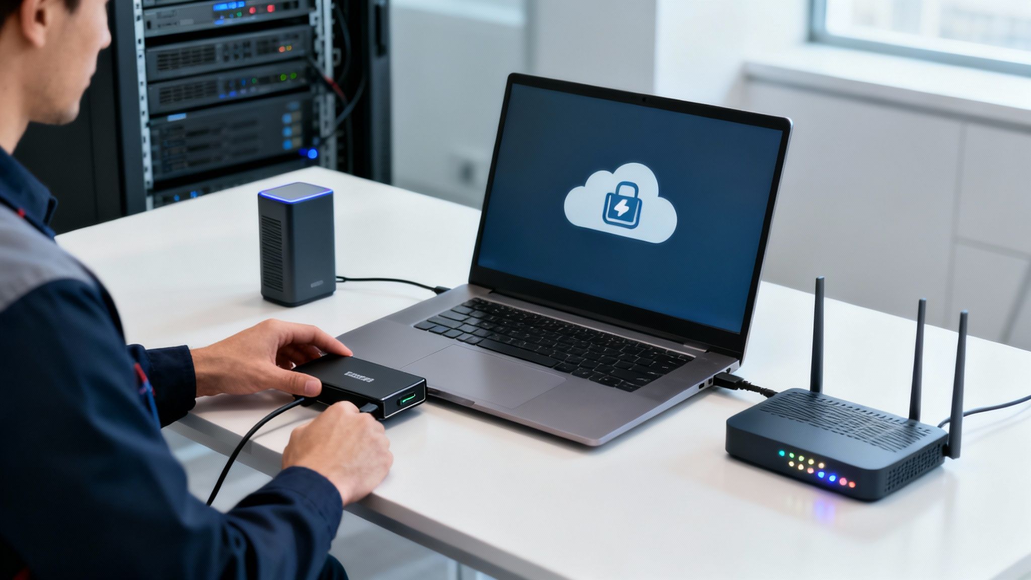 A managed IT services professional working on a server rack in a secure data centre.
