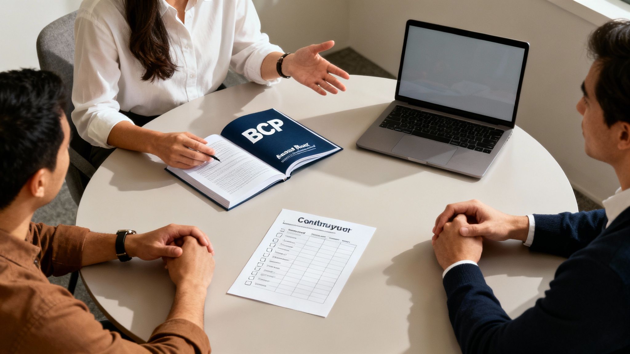 A team of professionals collaborating around a table, mapping out a business continuity plan.