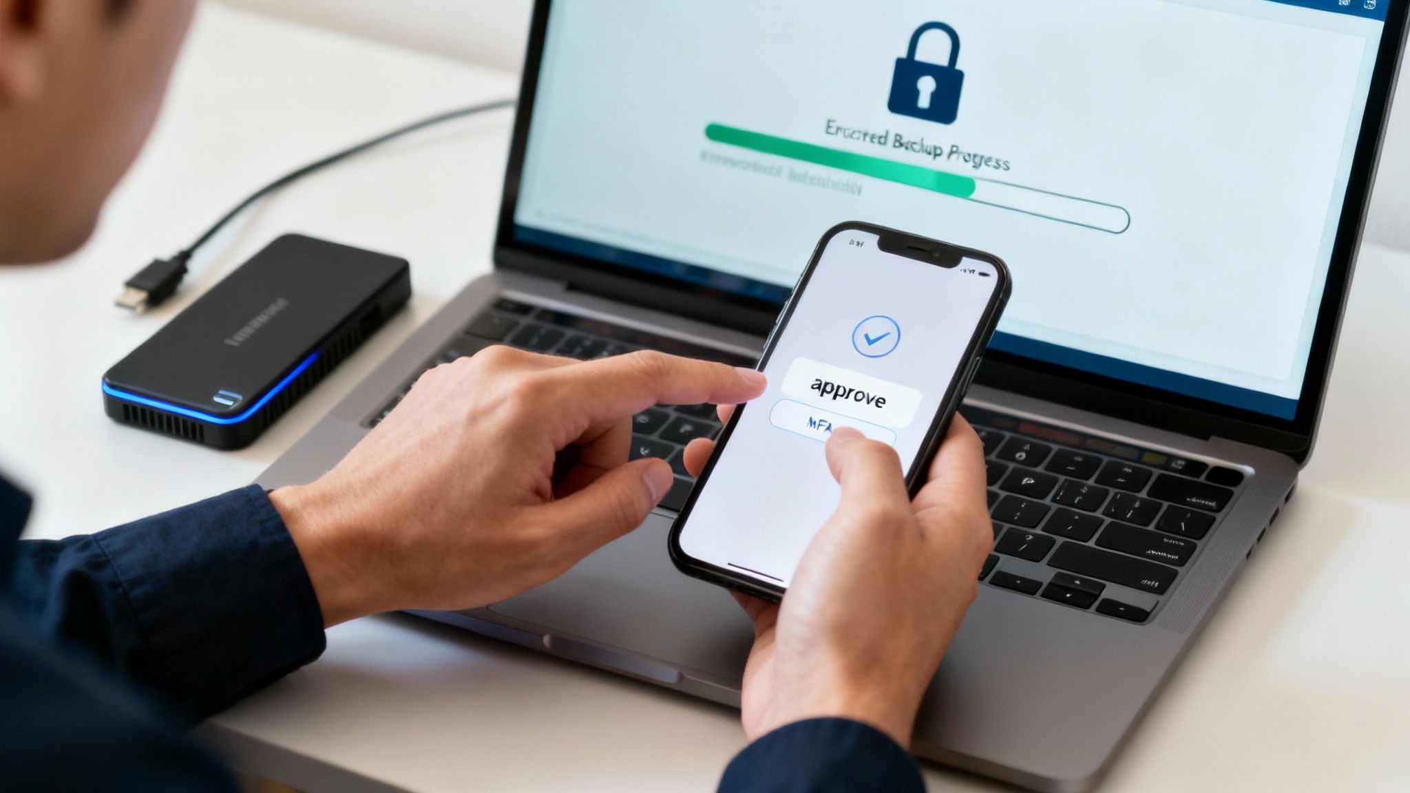 Shield icon representing cybersecurity integrated with a gear icon for continuity.
