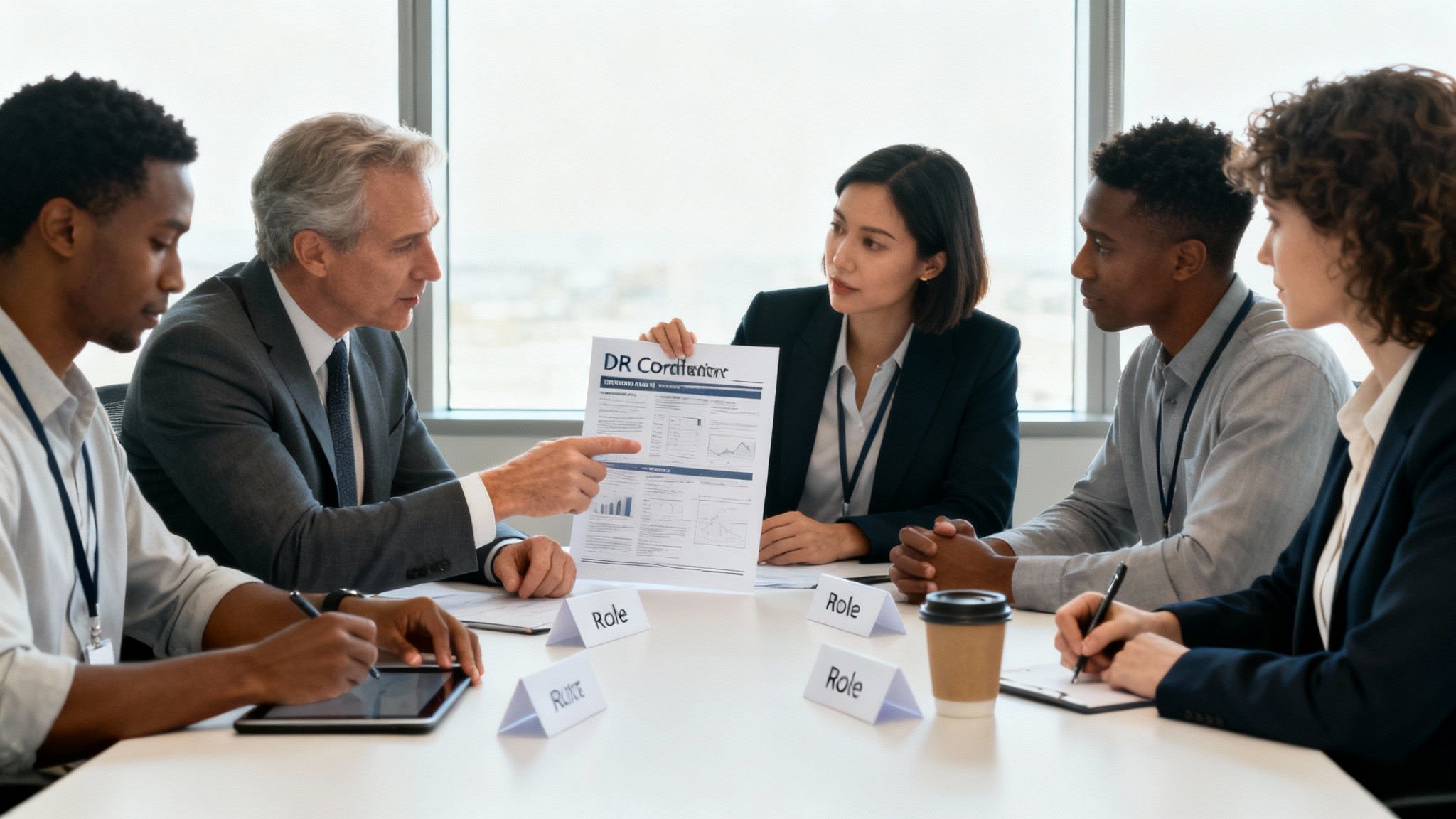 A diverse group of professionals working together around a table, collaborating on a plan shown on a laptop screen.