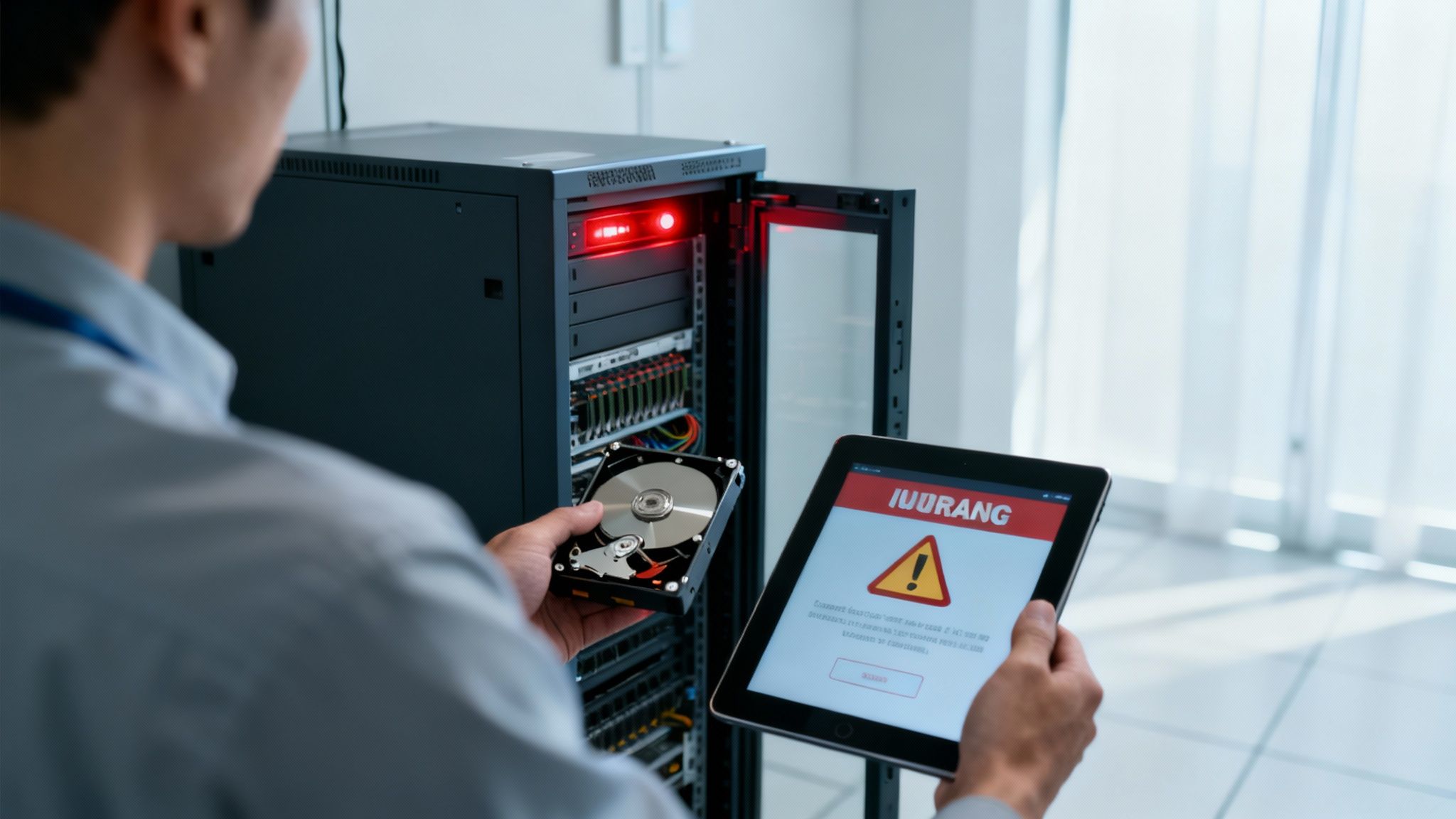 A technician in a lab coat carefully examining a hard drive with specialized tools, representing a professional data recovery service.