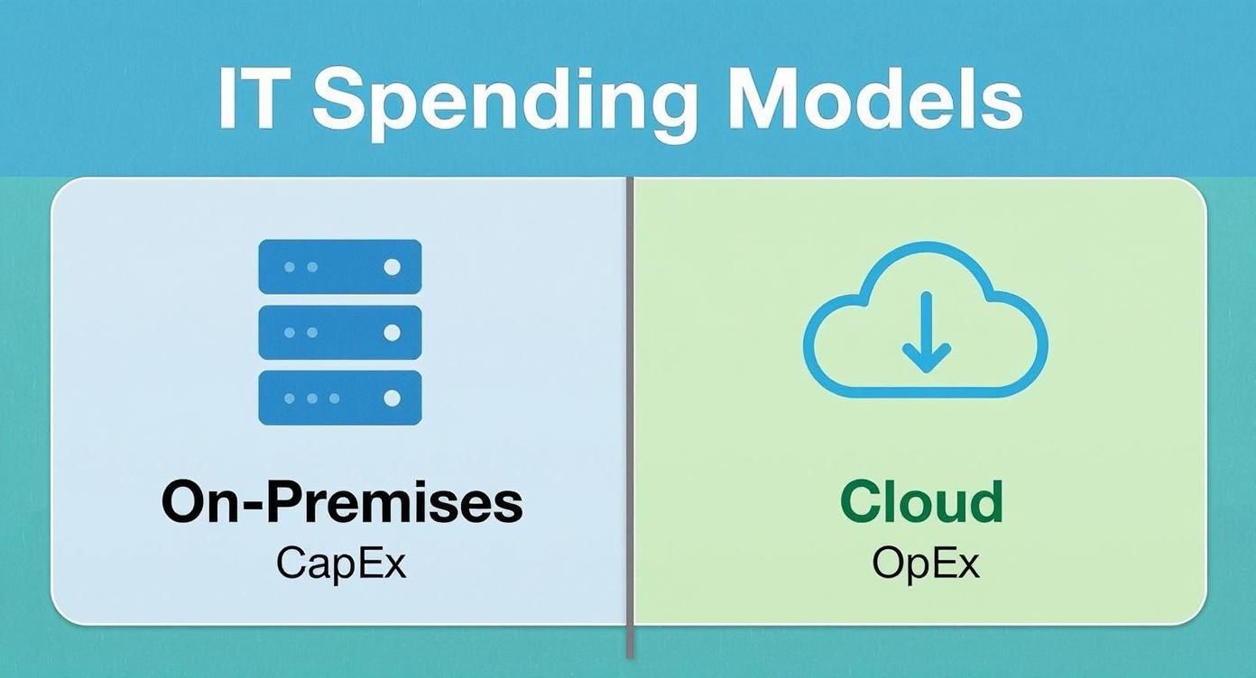 An infographic showing a side-by-side comparison of on-premises and cloud IT spending models. On the left, a server icon is labelled "On-Premises" and "CapEx". On the right, a cloud icon is labelled "Cloud" and "OpEx".