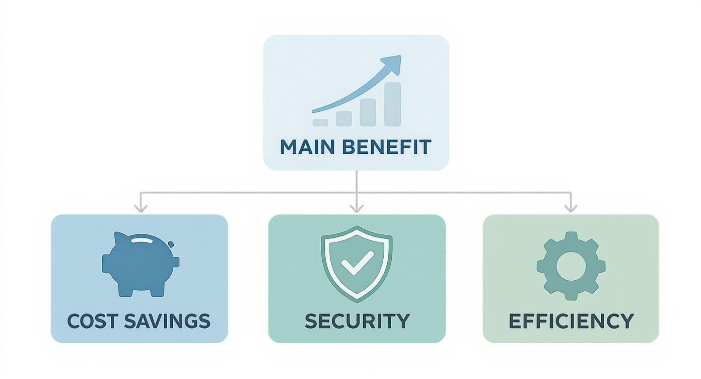 Infographic showing that the main benefit of managed cloud is business growth, supported by cost savings, security, and efficiency