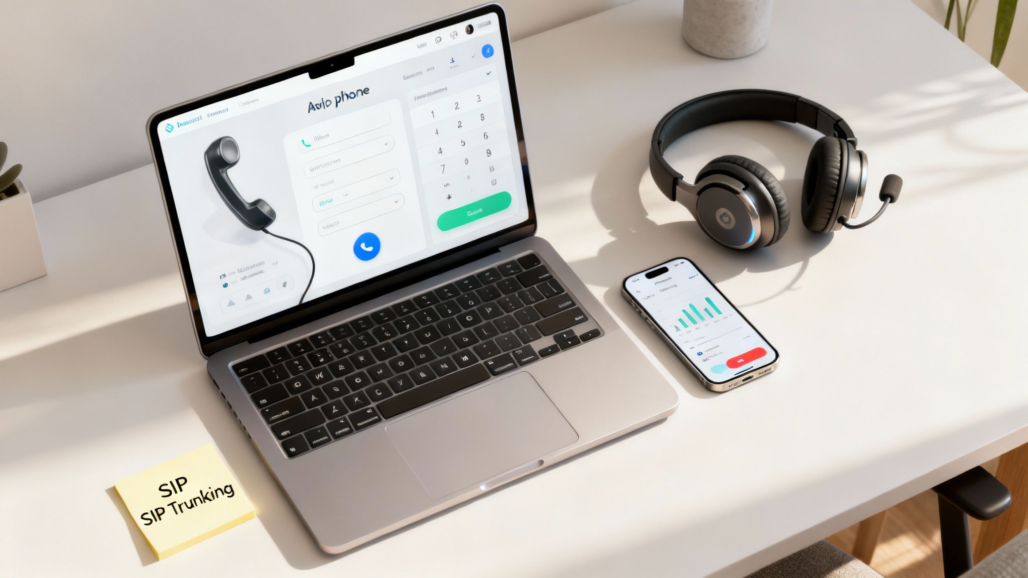 A person working on a laptop with call centre icons overlaid, representing VoIP features.