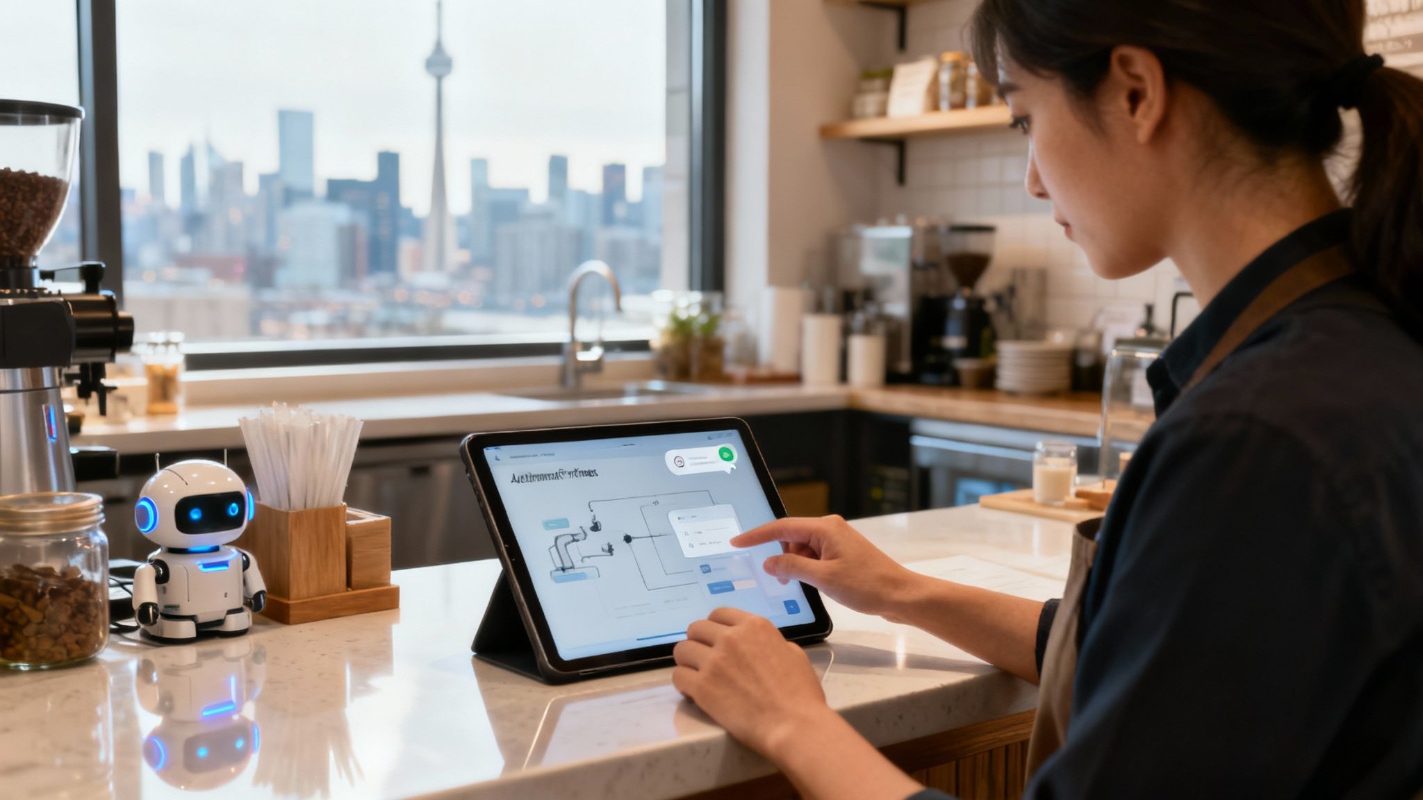 Two business professionals reviewing data on a tablet, with subtle AI-driven graphics overlaid on the screen.