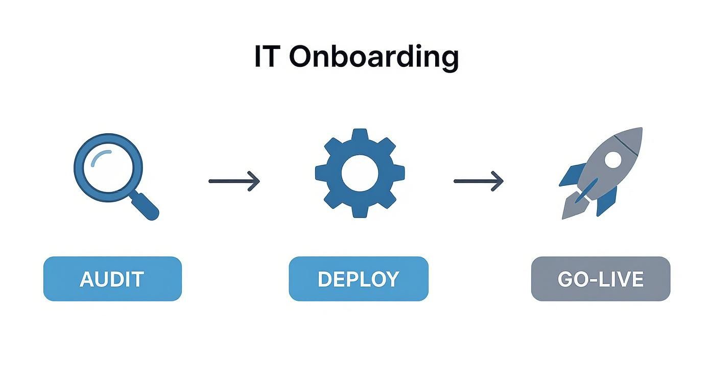 Infographic showing the IT onboarding process with three steps: Audit, Deploy, and Go-Live, represented by a magnifying glass, cogwheel, and rocket icon respectively.