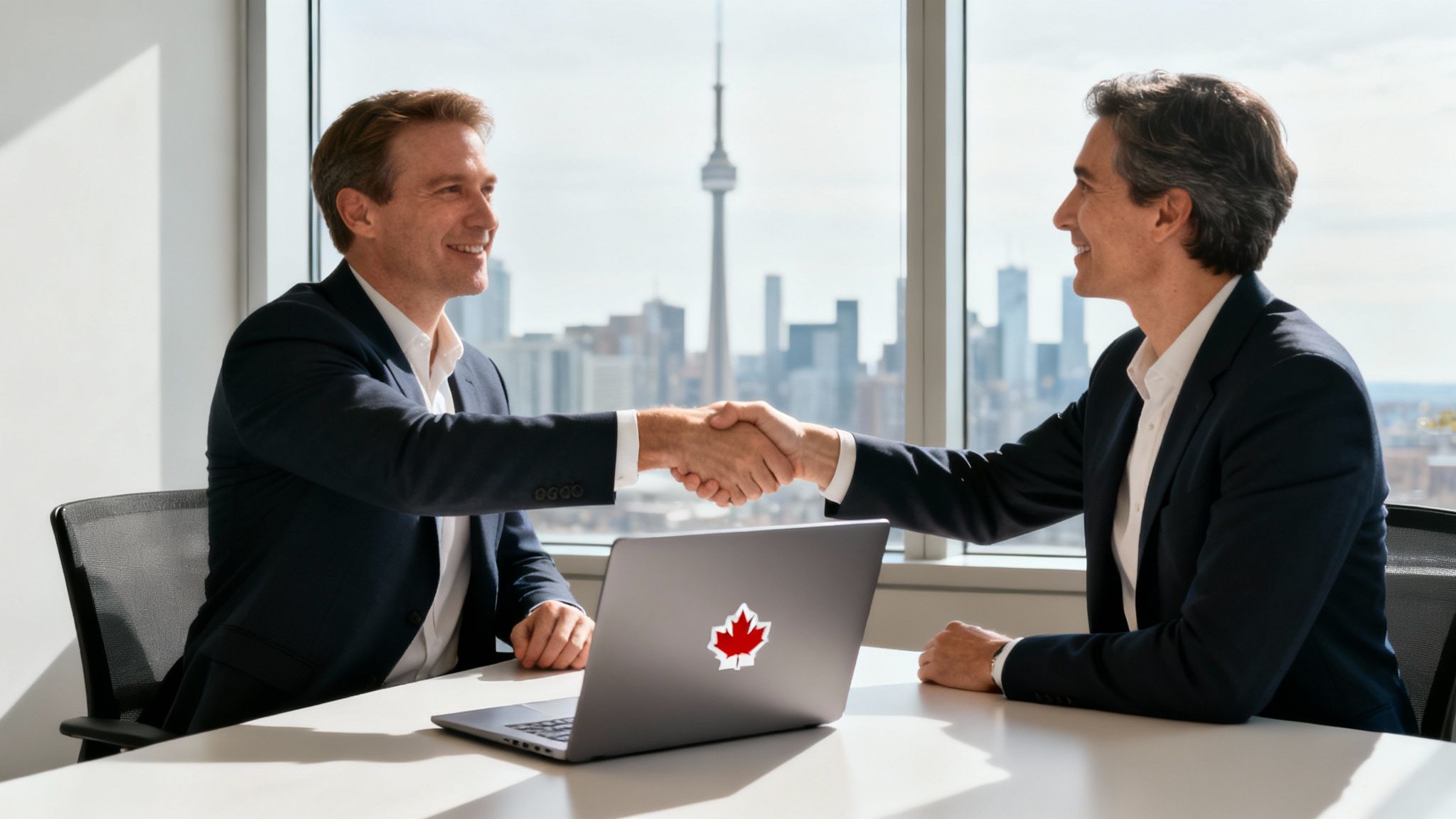 A Canadian flag waving with a modern city skyline in the background.