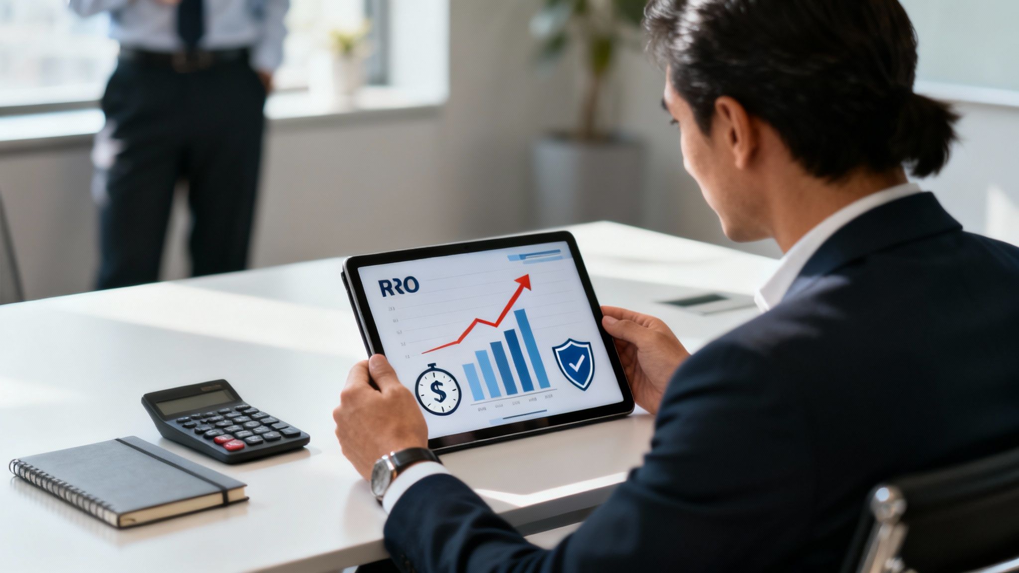 A person pointing at a screen showing business analytics charts and graphs.