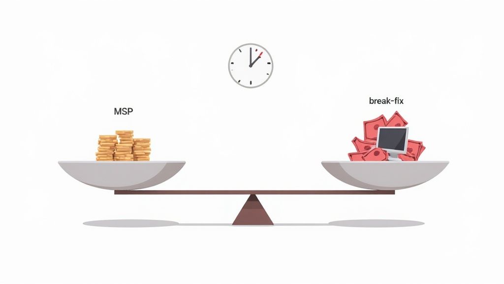 A graph showing the financial stability of predictable monthly IT costs versus the volatile spikes of break-fix IT expenses.