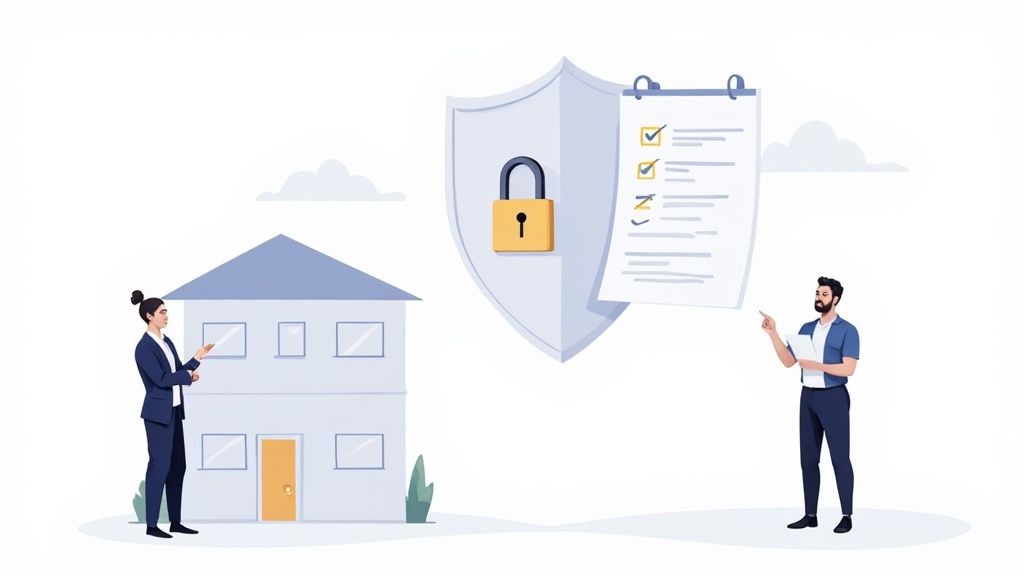Business professionals discussing cybersecurity compliance checklist with shield and lock icon representing managed IT services