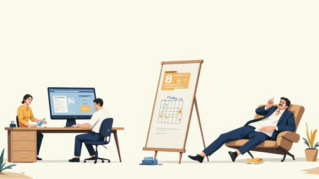 Two professionals working at desk while businessman relaxes in chair near presentation board